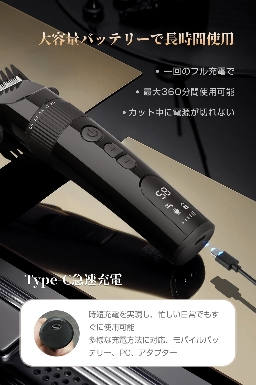 Happilaff 防水ヘアクリッパー T666 | IPX7防水・安全ロック・8種類コーム付属・TYPE-C充電式-Happilaff