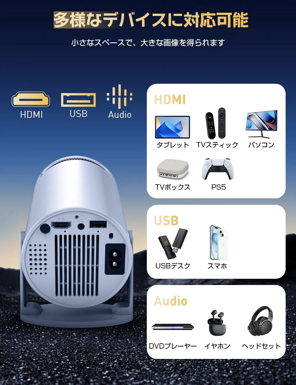 Happilaff プロジェクター 本体 Happilaff P1 スマートプロジェクター | 270°回転・Android TV内蔵・Wi