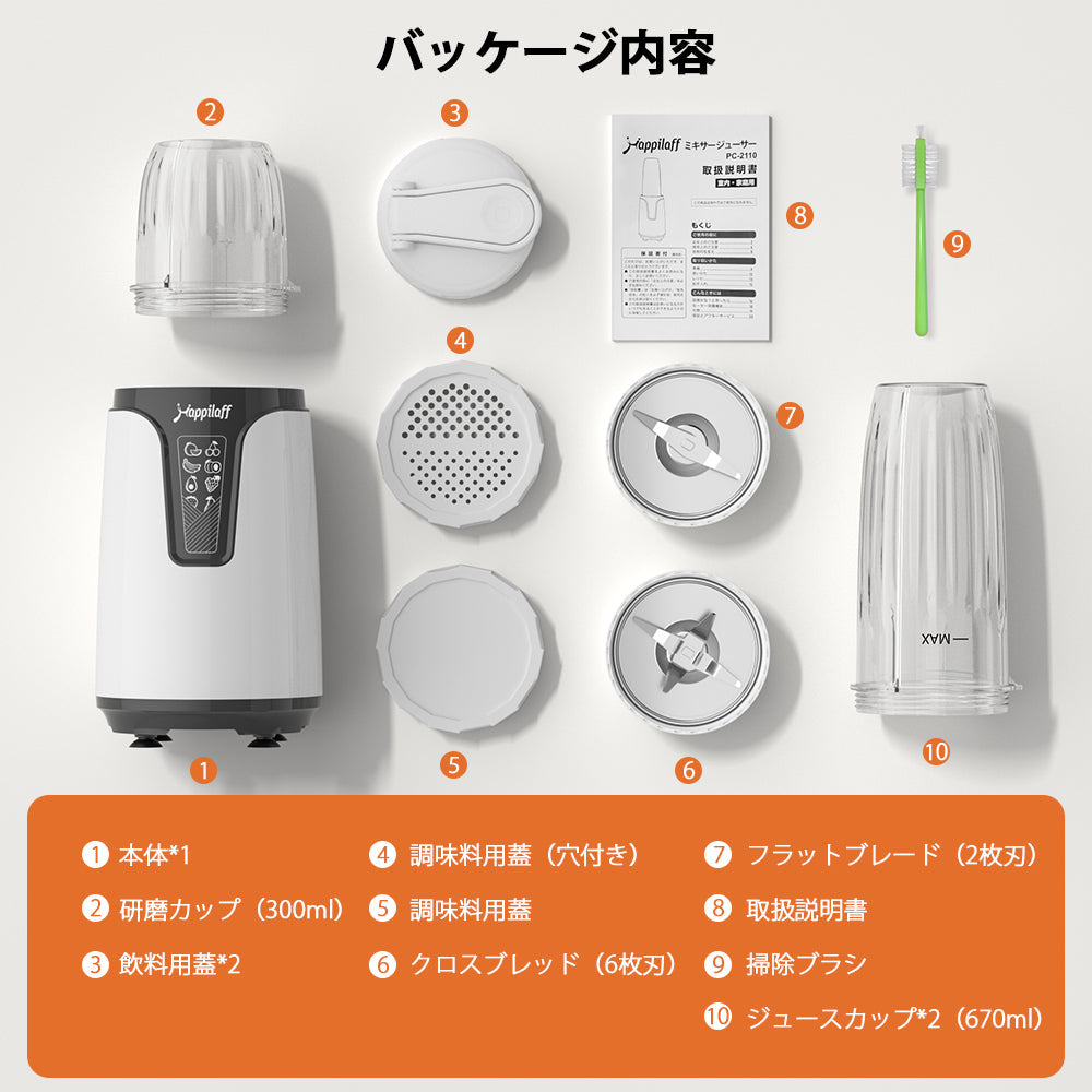 Happilaff 一台三役 ブレンダー ジューサー ミル PC-2110 | 850W高出力・コーヒー/氷も可能・3ボトル付属-Happilaff